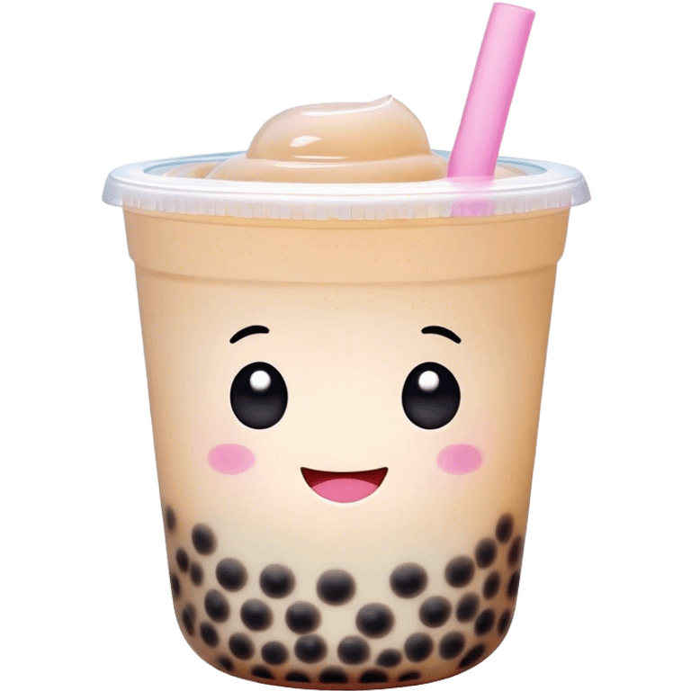 Cinematic pastel-colored bubble tea, chubby cup with a smiling face, tiny black tapioca pearls peeking out, soft glowing background, playful and adorable. emoji