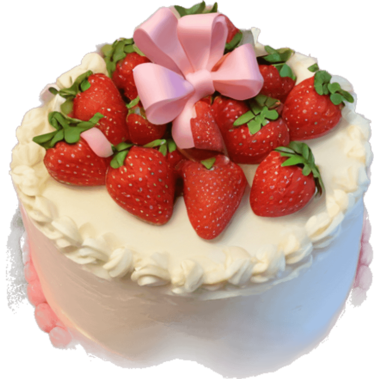 Light Pink strawberries and cream birthday cake with in bow emoji