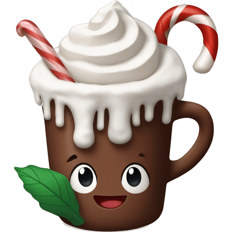 Hot cocoa topped with whipped cream and candy cane emoji