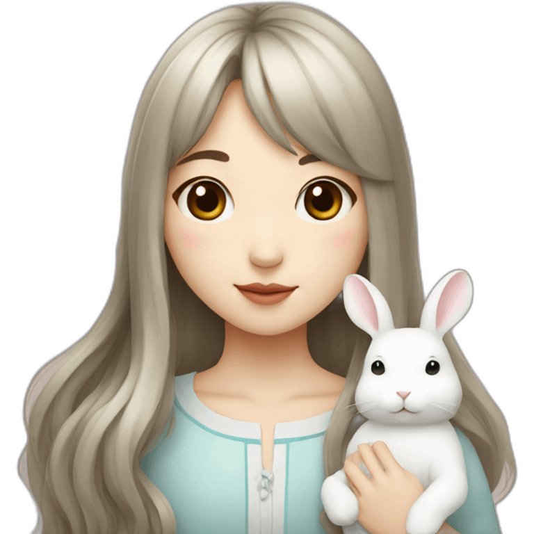 korean girl with long hair bangs holding white rabbit emoji