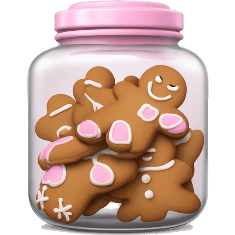 Realistic glass cookie jar with light pink lid full of gingerbread cookies isolated.  emoji