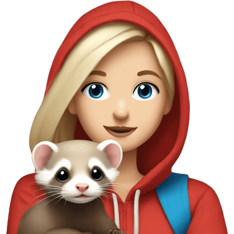 Ferret in hands of a blond girl with blue eyes and long eyelashes  in red hoodie  emoji