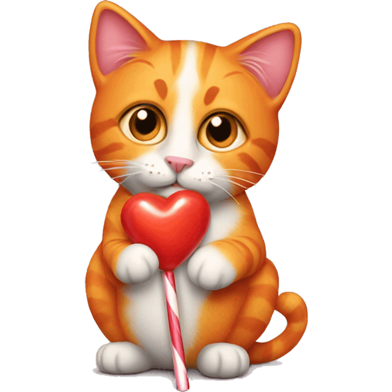 Realistic orange cat holding heart shaped lollipop  emoji