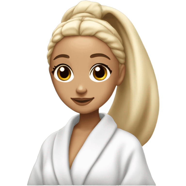 blonde ariana grande in bath robe with hair towel emoji