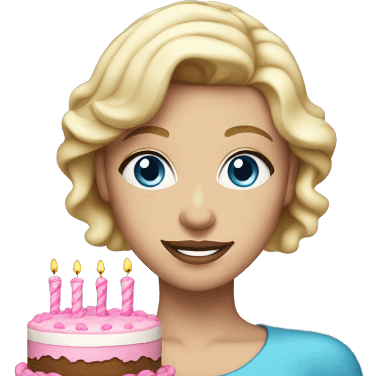 Blonde woman with blue eyes holding a pink birthday cake  emoji