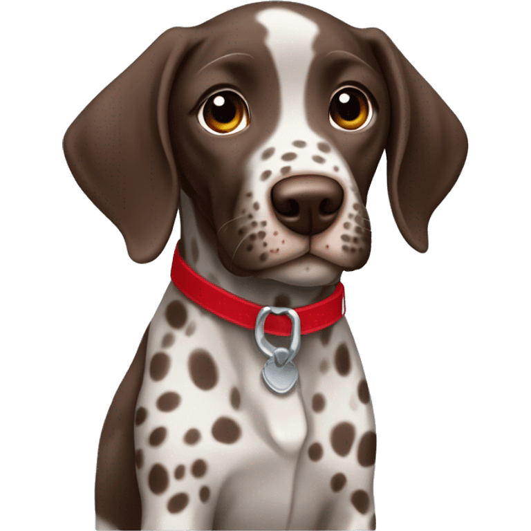 Brown spotted German short haired pointer puppy with ticking with red collar  emoji