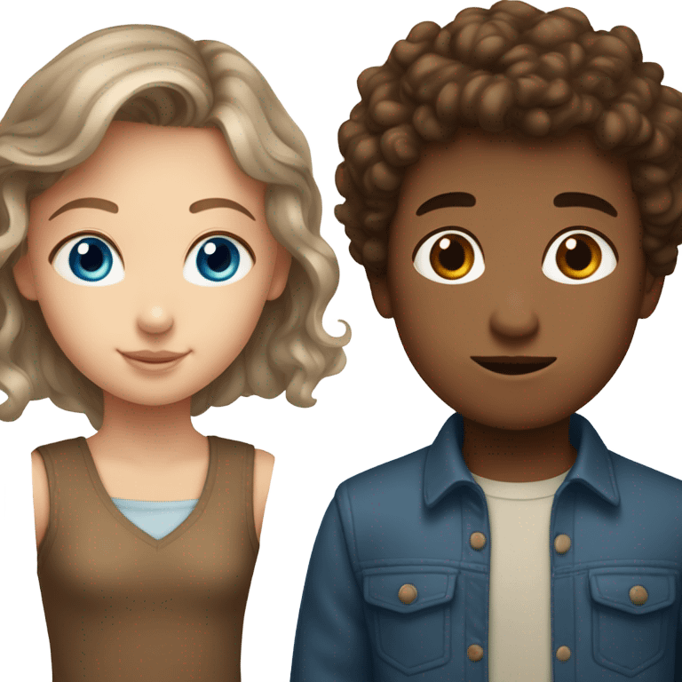 A couple with a blue eyes girl with brown curly hair and a boy with brown eyes and brown straight hair  emoji