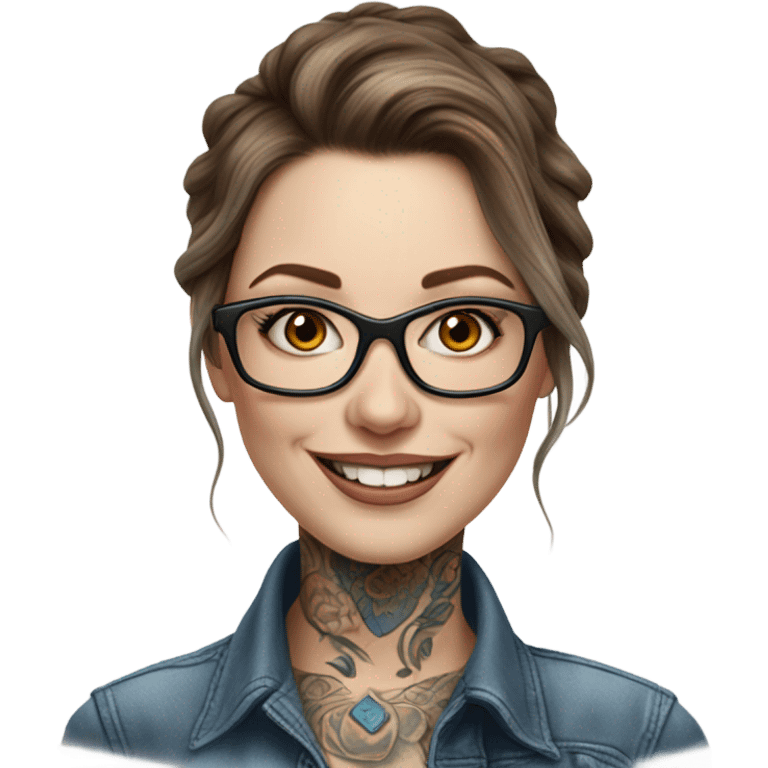 Hyper Realistic brown Balayage pale beautiful tattooed woman with glasses and blue eyes happy  emoji