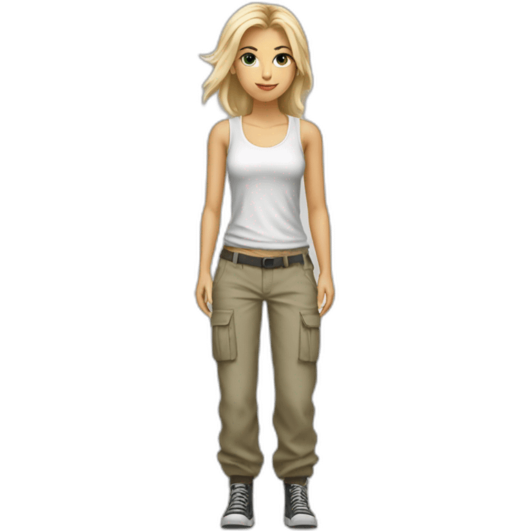 full body white blonde girl with baggy cargo pants, white tank top and tie emoji