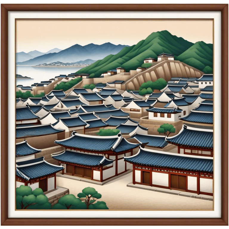 Cinematic Realistic Bukchon Hanok Village Landmark Emoji, depicted with traditional Korean houses set against a scenic backdrop rendered with detailed textures and warm, inviting lighting. emoji