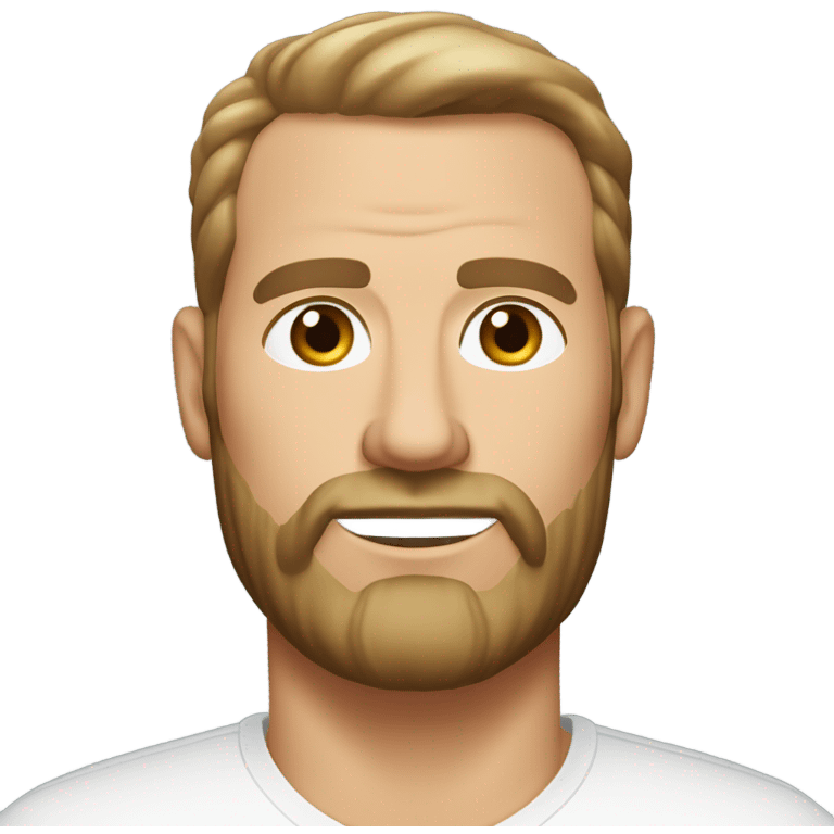 middle aged english man, short slicked back hair dark blonde, dark blonde medium length size full beard, wearing only a plain white smart shirt unbuttoned. emoji