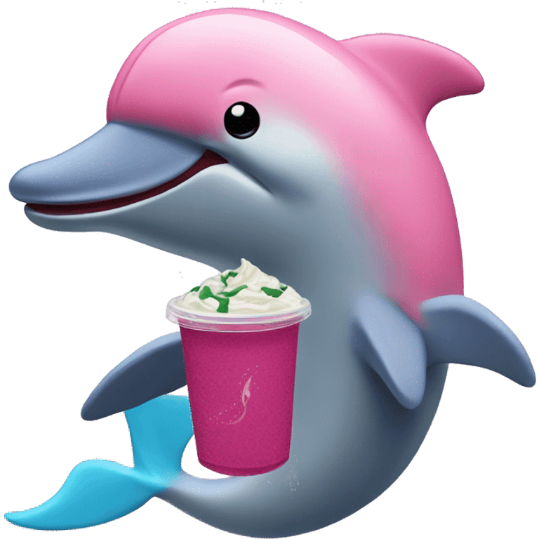 a pink dolphin holding a Starbucks açaí refresher  emoji