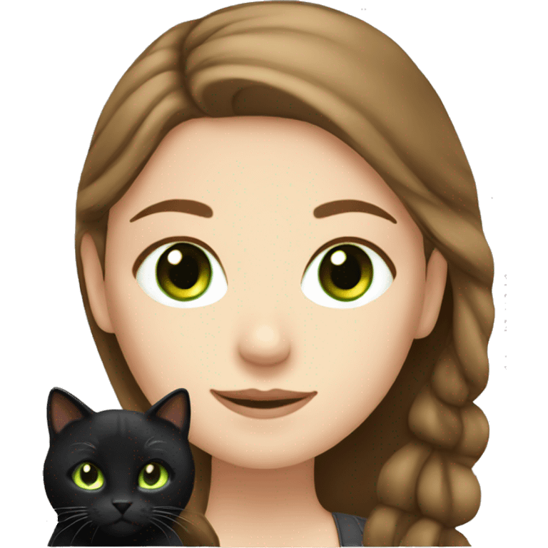 a pretty white girl with brown hair and a black cat with green eyes emoji