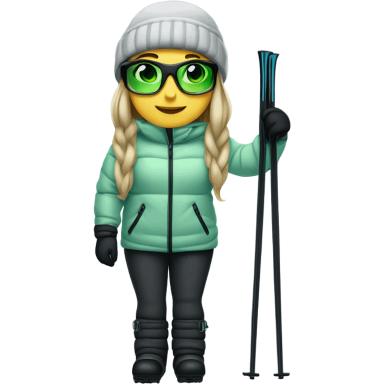 Green-eyed, fat female skier with long straight hair, glasses, light grey snow jacket, long black pants, black only snow boots, wearing black skis standing tall. emoji