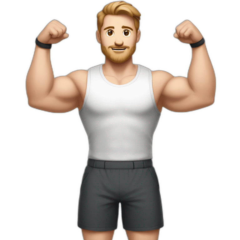 Full height Actively gesturing with hands Pale skinned Fit Man With the biceps and brown hair in dark gray Sleeveless Mike, black oversize sports shorts, watch and white Sneakers emoji