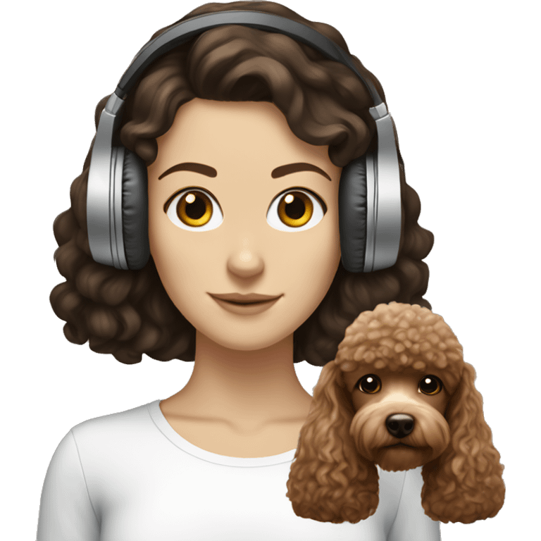 White girl, dark hair in headphones with brown poodle emoji