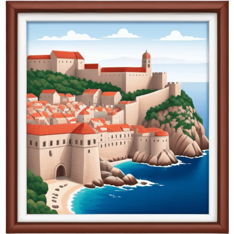 Cinematic Realistic Dubrovnik Landmark Emoji, depicted with historic fortified walls and red‚Äêtiled roofs rendered with intricate detail and dynamic, coastal lighting. emoji