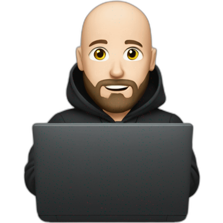 bald white man with a black beard typing on apple computer wearing a black hoodie emoji