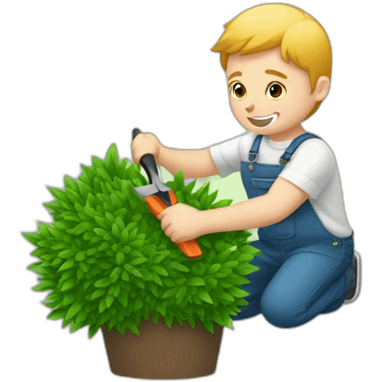 white kid trimming a decorative bush emoji