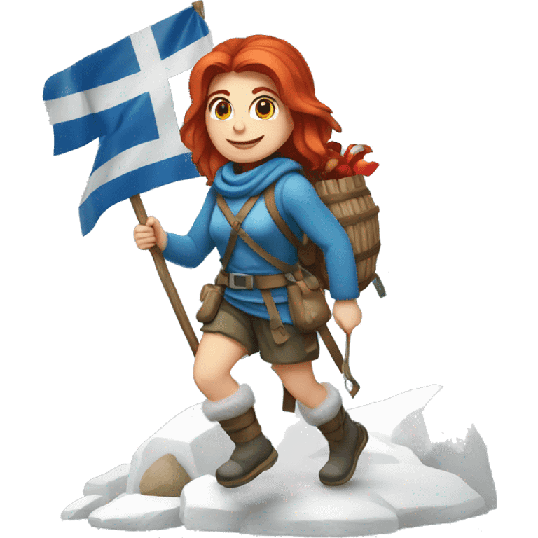 Greek Female winter mountaineer red hair white skin climbing with Greek Flag and Easter eggs basket emoji