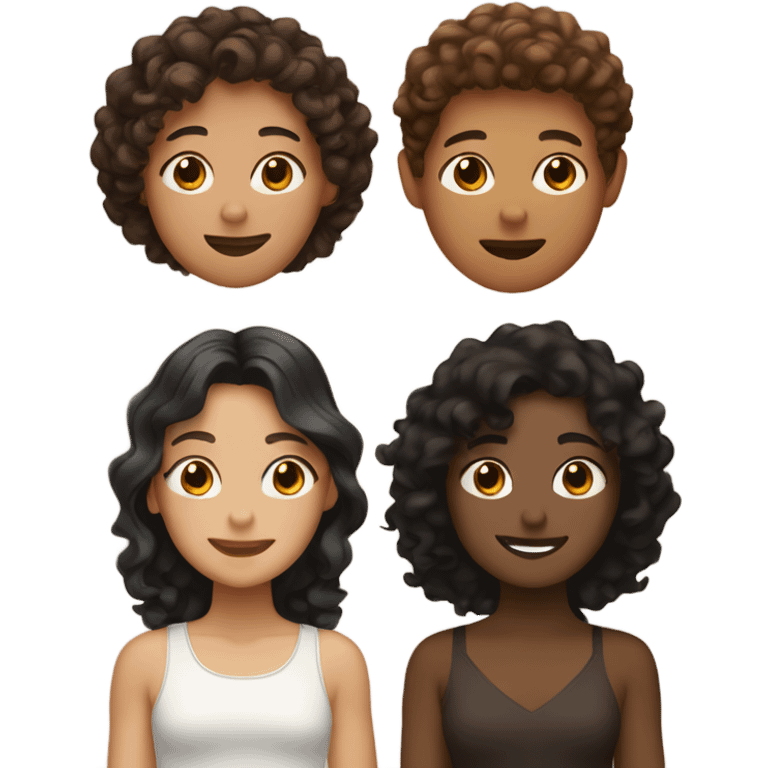 Three friends. One white with dark brown wavy hair, one tan with brown hair, and one brown with curly black hair emoji