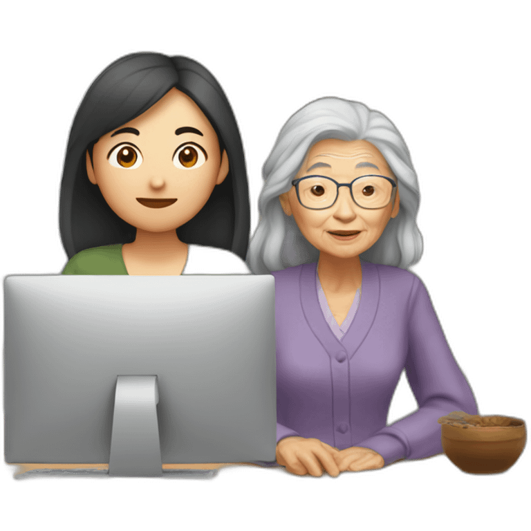 young asian lady with long hair in front of computer with old grandma standing next to her emoji