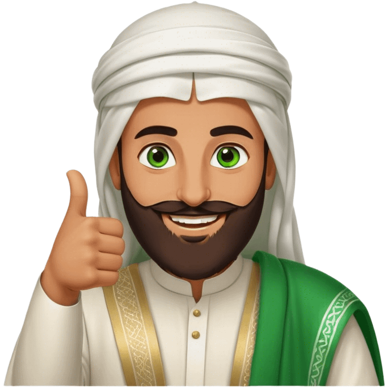 Tanned Arab Saudi man with green eyes and a beard, wearing traditional attire, smiling and giving a big thumbs-up emoji