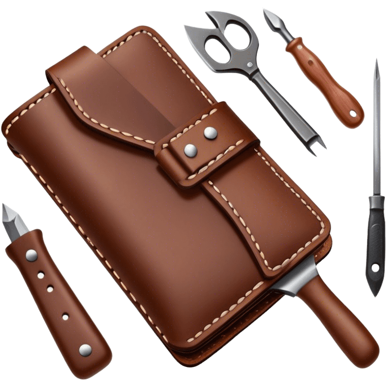 Leatherworking icon, piece of raw leather being crafted into a leather wallet or belt, professional tools like leather stitching awl, edge beveler, hammer, prying tool, minimalistic style, clean lines, transparent background. emoji