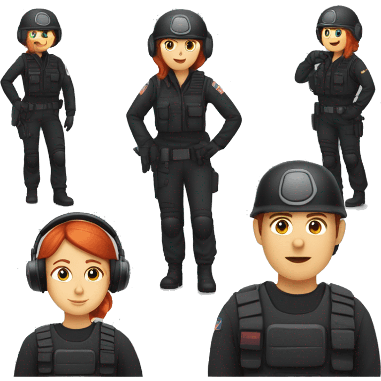 operator dressed in black with a milatary helmet, without glasses, wearing a headset, ready to respond to alerts, preferably red-haired female  emoji