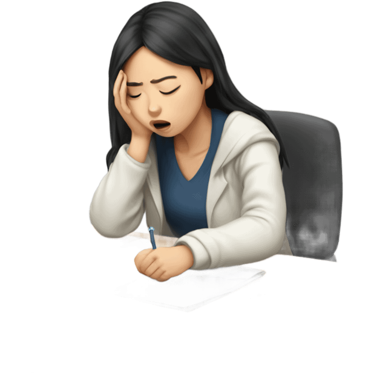 tired asian girl student struggling with exam and assignment emoji