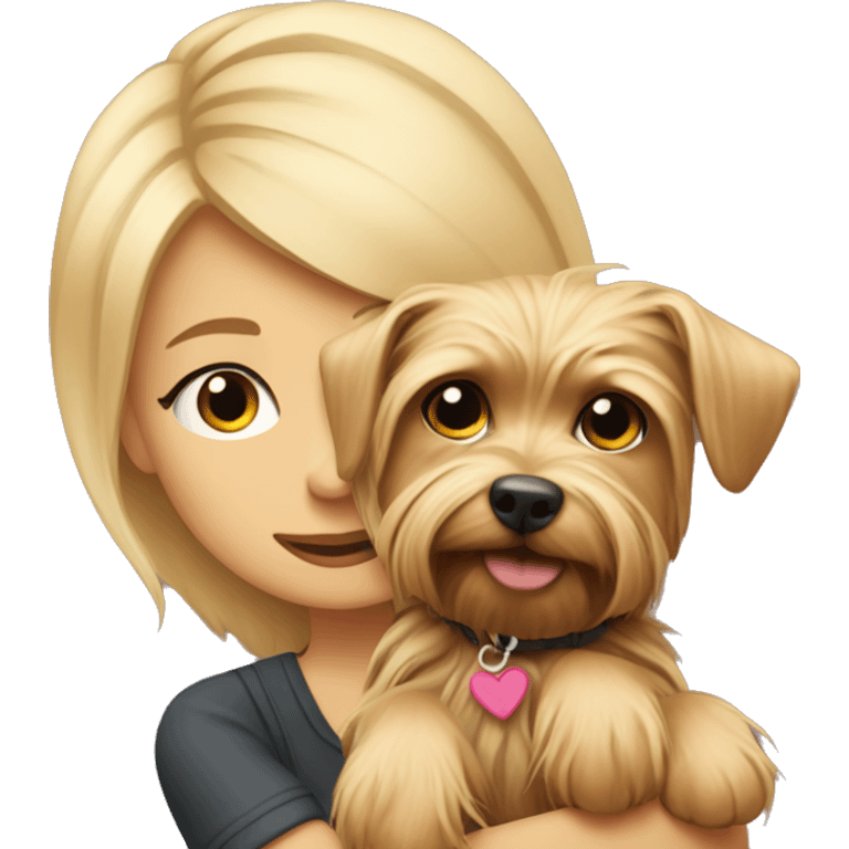 Blondie cuddles a Yorkshire terrier. emoji