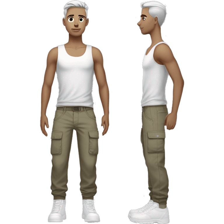 hair straight, white face colour, slender face, silver eyes, crop top with cargo pants and accessories, full body, men emoji