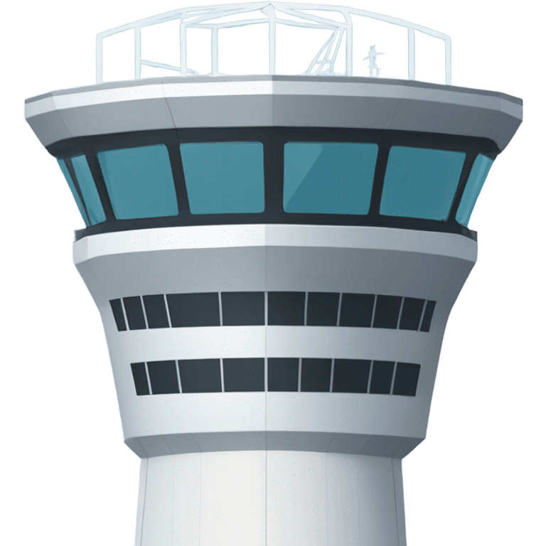 An air traffic control tower stands tall, its sleek, high-tech design featuring glass panels that reflect. emoji