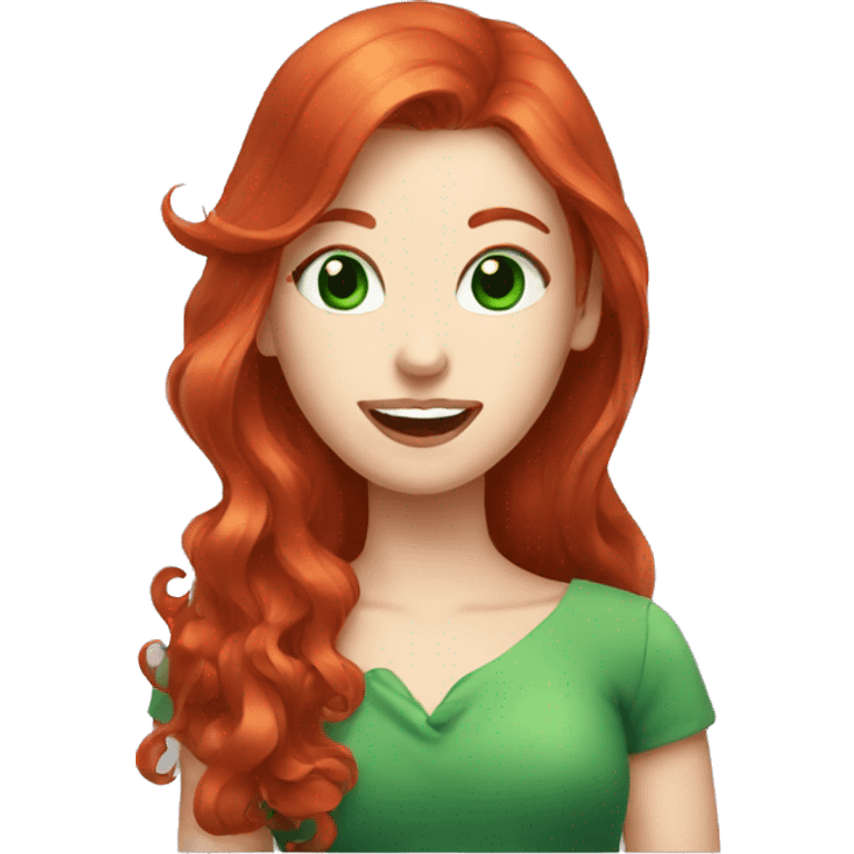 long red hair, green eyes, red lips girl holding a tooth emoji