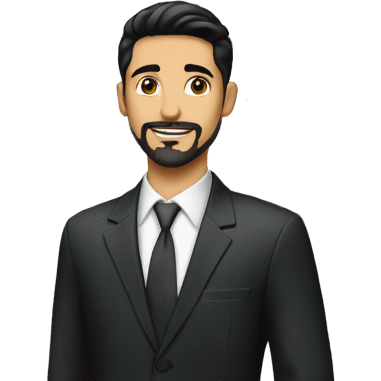 Young man Real estate agent Italian short black hair and goatee in elegant  suit  in front of house  emoji