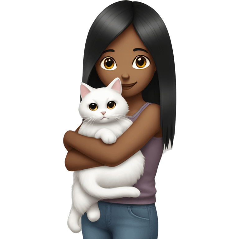 Black straight hair girl holding fluffy white cat  emoji