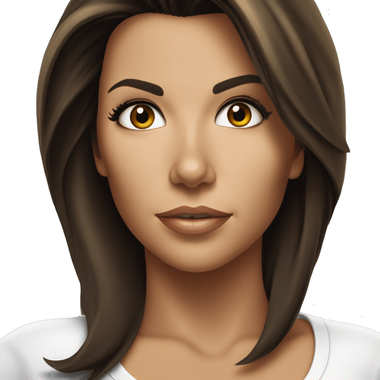 3/4 face, contrasted, shadow, light, Eva Longoria expression, standing, thin nose, brunette woman, hazel eyes, long eyelashes, dark shoulder shaded hair, white t-shirt, jeans, white sneakers emoji