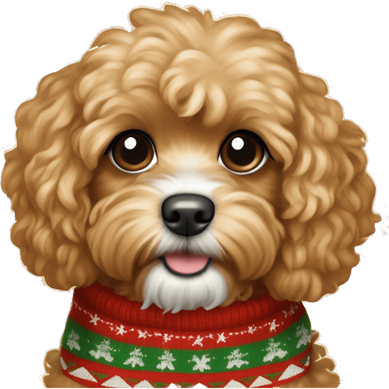 apricot colored cavapoo dog wearing a christmas sweater  emoji