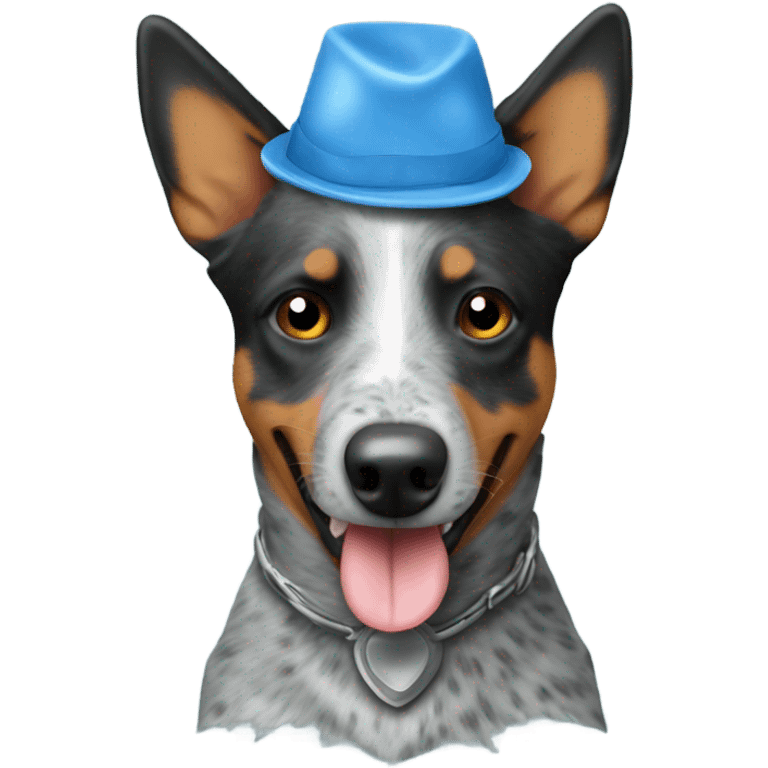 Blue heeler wearing poop hat emoji