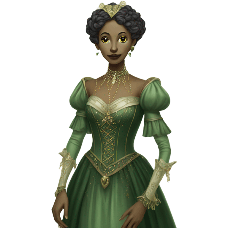 a green amazon alien woman in Victorian white gold full body emoji