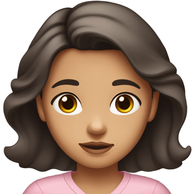 A girl with long, wavy, dark brown hair. She has almost black brown eyes and slightly tanned skin. Her lips are pink and she has a bit of blush on, she wears mascara on her eyelashes. Her hair is parted down the middle and her shirt is a pink one with a V-neck and is light pink. emoji