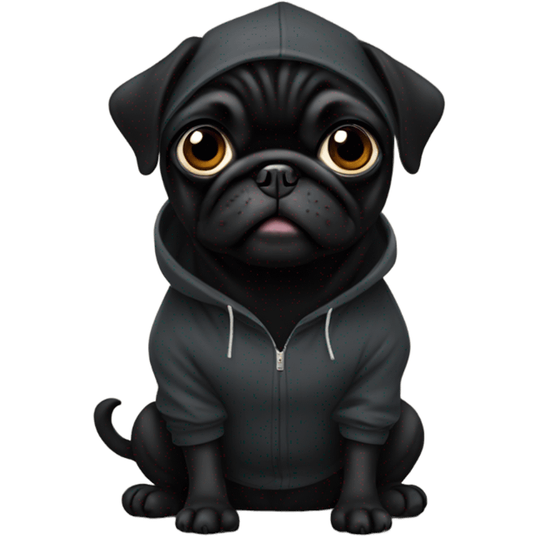 Black pug wearing a black hoodie emoji