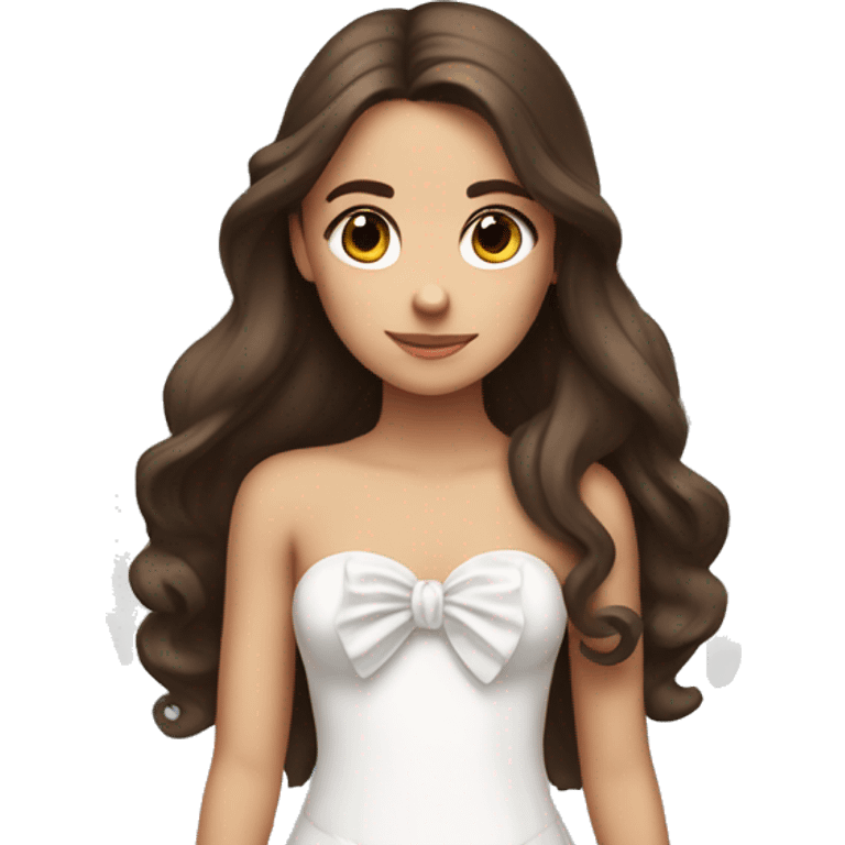 Brunette girl with long brown hair and brown eyes, with large angel wings and a white bow in a strapless dress emoji