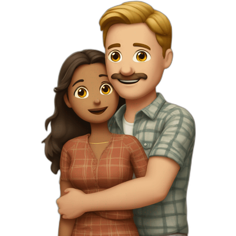 Tall white man wearing plaid with brown hair and a brown mustache hugging a very short Indian woman emoji