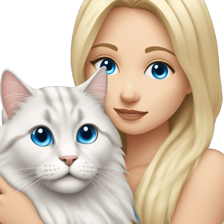 Pretty Blonde haired blue eyed woman snuggling a Siberian cat with blue eyes  emoji