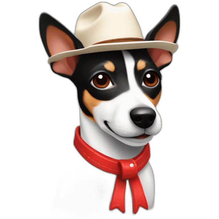 rat terrier wearing a cowboy hat and red collar smiling no brown (black and white) emoji