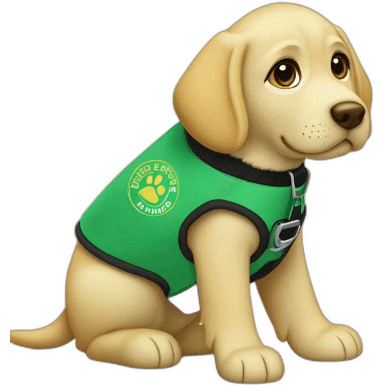 yellow lab puppy wearing a green service dog vest that reads “guide dogs for the blind puppy in training” emoji