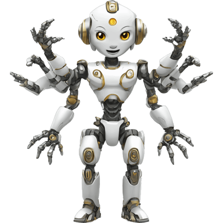 a high-tech white metal robot with multiple arms likeindian god emoji