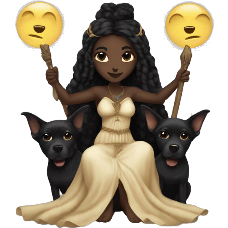 Hekate goddess of the night and magic- triple goddess black hair and two black dogs emoji