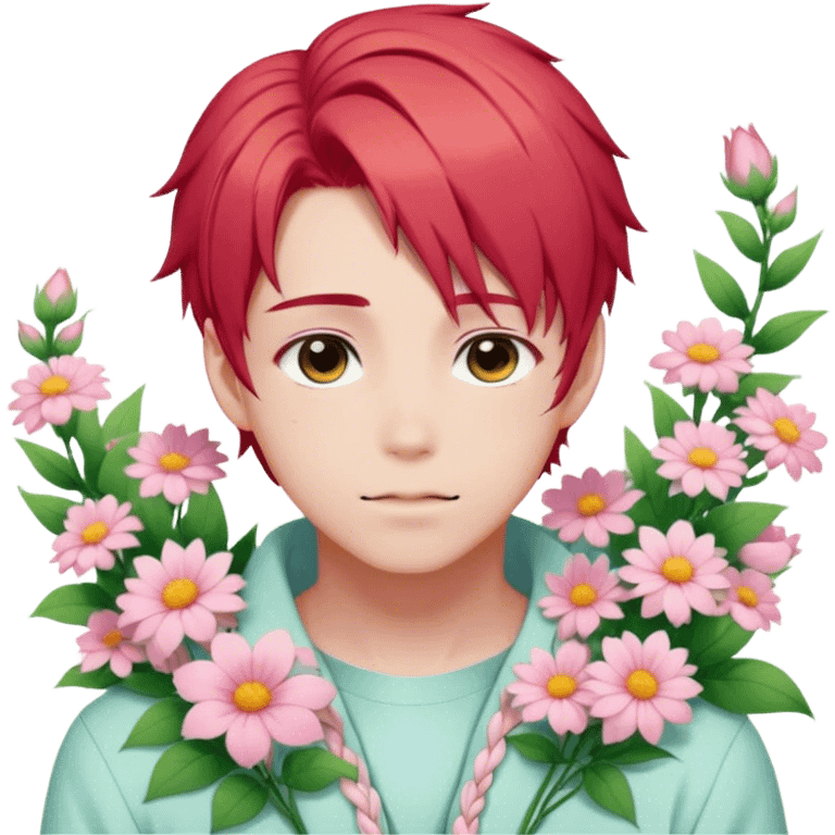 Gorgeous pastel red hair with a thin braid on the side anime style shojo guy with blushing face and flowers aesthetic trending style outside emoji